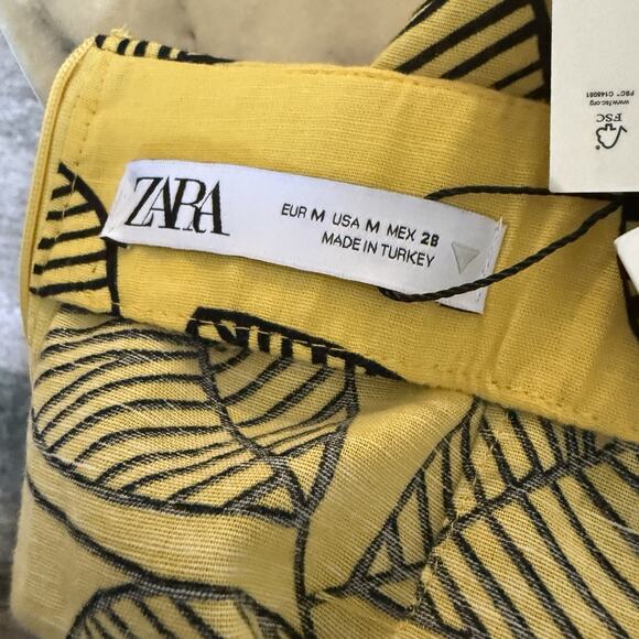 Zara Yellow Leaf Print Slit Midi Skirt High Waist Linen Blend M - Picture 9 of 9